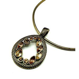 Vintage Gold Tone Topaz Crystal Circular Pendant Necklace by Premier Design